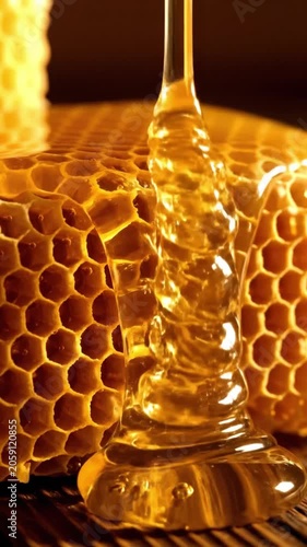 Honey drips from honeycomb at a local market in the evening highlighting the process of honey extraction and collection