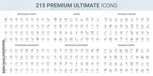 Gears and cogs system of mechanical parts, machinery of manufacture support by contractor, power line icon set. Industrial production, engineering thin black outline symbols vector illustration