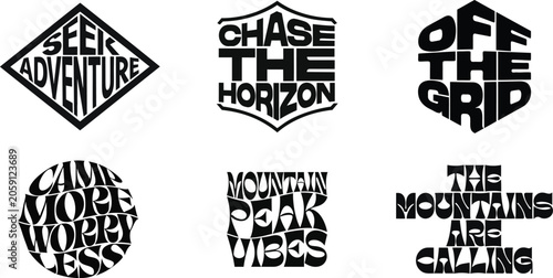 Set of six black adventure and mountain travel typography badges with distressed vintage textures for outdoor shirts isolated on white background, Vector, illustration