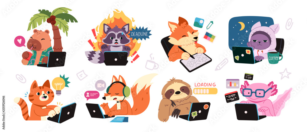 Fototapeta premium Animals Freelancing At Laptops Cartoon Set