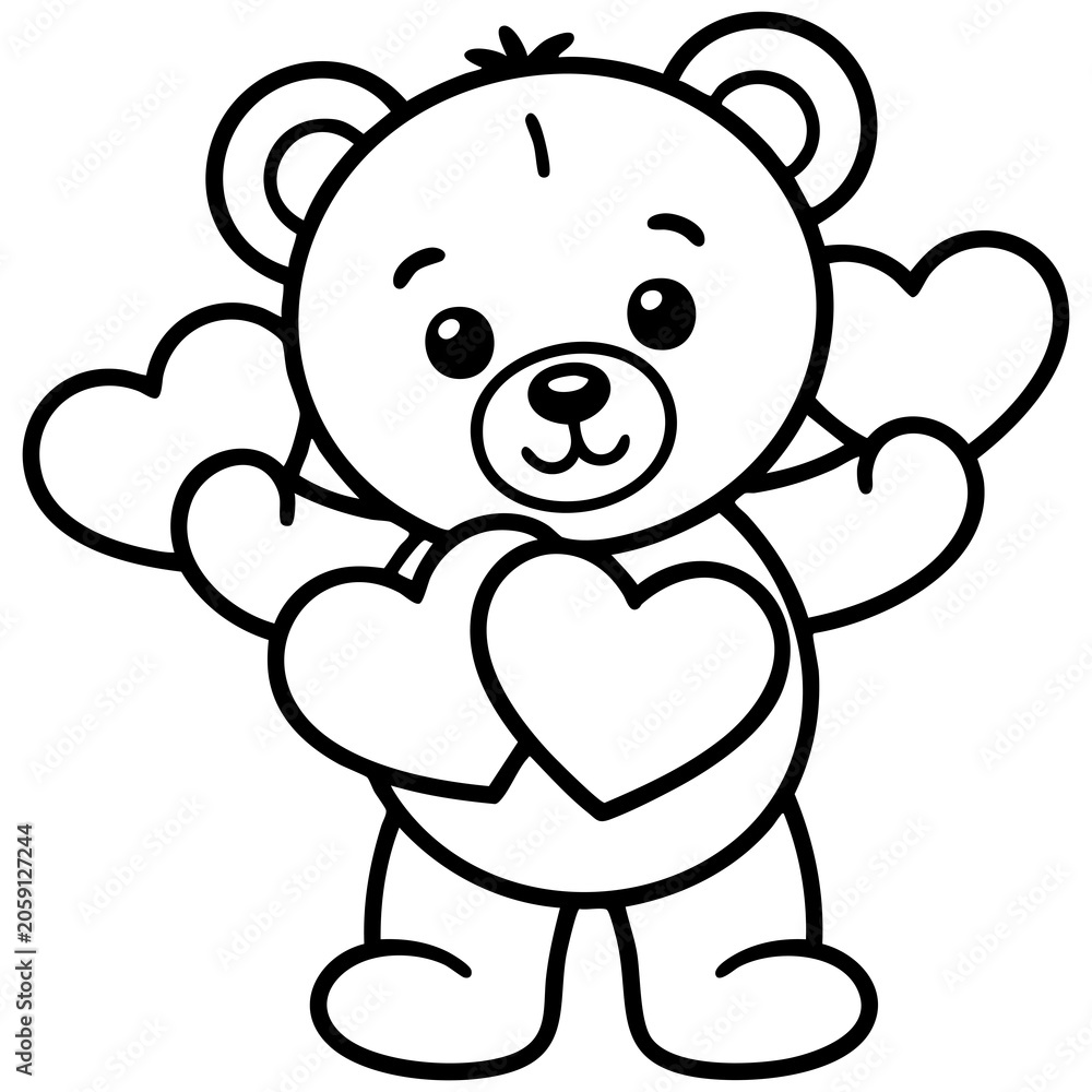 Fototapeta premium Sweet Bear Character Drawing With Raised Paws Holding Love Hearts and Simple Outlines Isolated on a Transparent or White Background