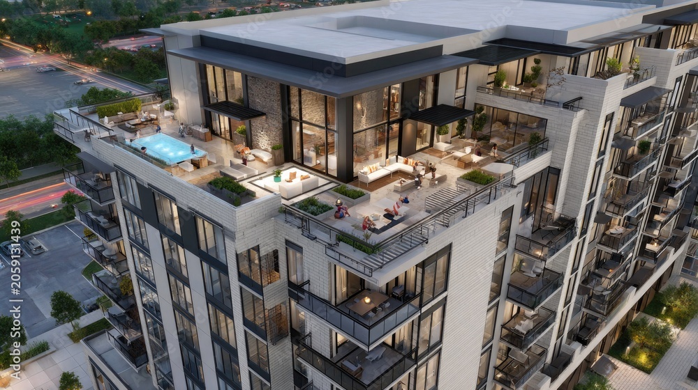 Fototapeta premium Luxury rooftop swimming pool on modern apartment building.