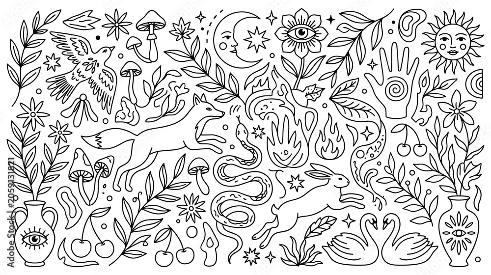 Naklejka premium Mystical forest elements set magic symbols black sketch.