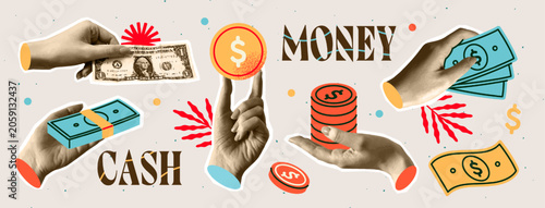 Trendy halftone collage. Vintage retro design with realistic textured hands holding dollar bills, cash and gold coins. Finance concept. Human made vector illustration collection isolated on background