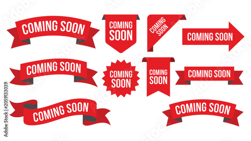 Fotografie Coming soon banner set, red ribbons and labels.