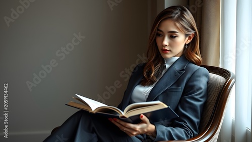 Young woman reading book at home, student studying
