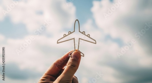 Hand holding minimalist airplane paper cut against cloudy sky, symbolizing dreams of travel and childhood imagination