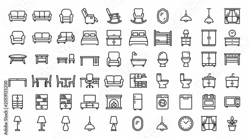A collection of various furniture and household items icons are shown.