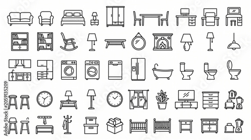 A collection of various household furniture and interior design icons are displayed.