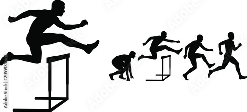 Foto Silhouettes of hurdle race athlete jumping over obstacles running and starting i