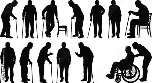 Foto Elderly men silhouettes vector set featuring senior citizens walking with canes