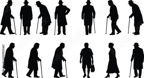 Quadro em tela Elderly people silhouettes vector set featuring senior men wearing hats and coat
