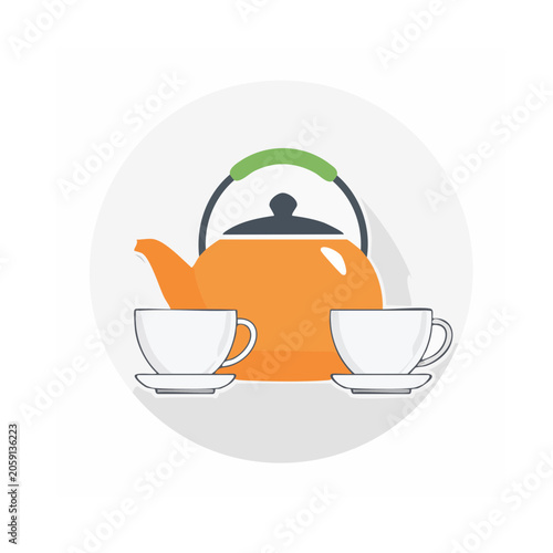 Flat design icon of teapot and cups