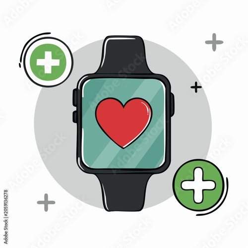 Smartwatch with Heartbeat Monitor and Health Icons