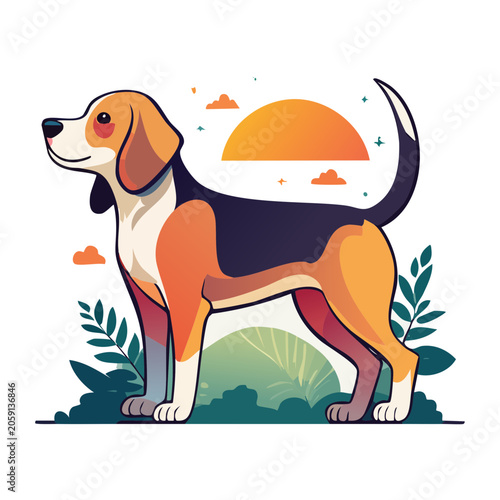 Flat Design Illustration of a Beagle Dog at Sunset