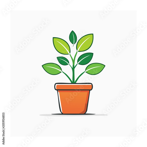 Flat design illustration of a potted plant with green leaves