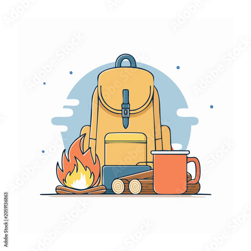Flat design illustration of camping gear and campfire