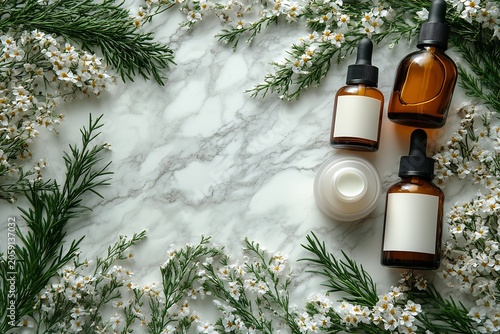 Herbal Skincare Products on Marble Background
