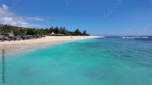 Scenic tropical footage landscape of Saint Gilles Les Bains beach, Reunion Island, Africa	