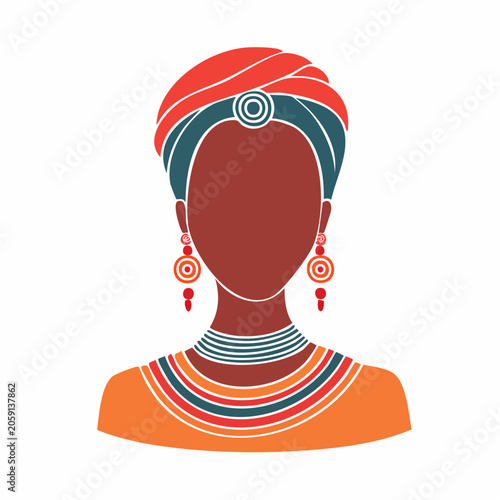 Stylized Portrait of an African Woman with Traditional Headdress and Jewelry