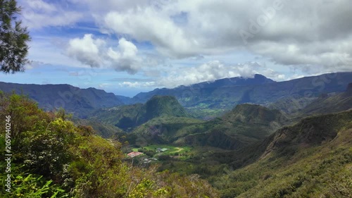 Scenic footage cloudy landscape panorama of Cirque de Salazie, La Reunion island, French oversea department, Indian Ocean	