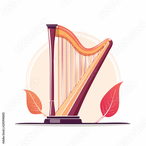 Illustration of a Harp with Autumn Leaves