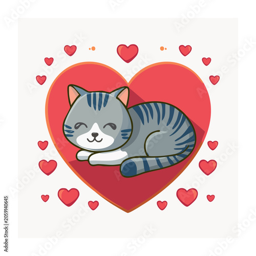 Sleeping Gray Cat in Red Heart Illustration