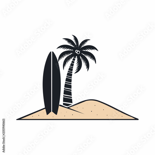 Tropical Island Scene with Palm Tree and Surfboard