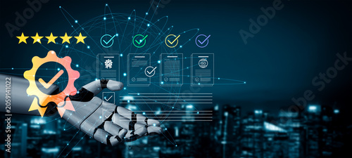 Tableau sur toile A robotic hand showcases quality assurance symbols amidst a high-tech backdrop, symbolizing modernization, innovation, and data-driven decision-making in urban settings