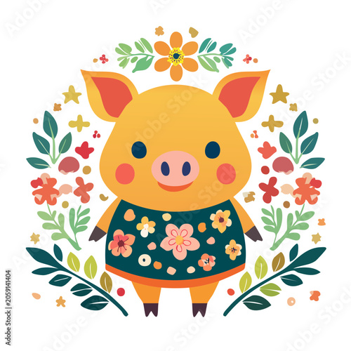 Cute cartoon pig in floral dress with wreath