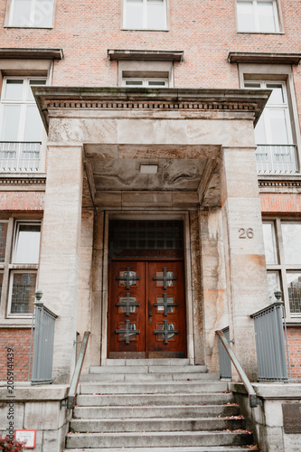 Historic building entrance with wooden door
