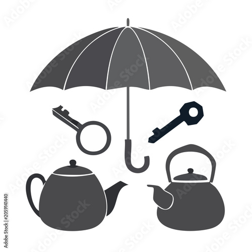 Flat design icons of umbrella keys and teapots