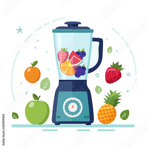 Flat design illustration of a blender with fresh fruits