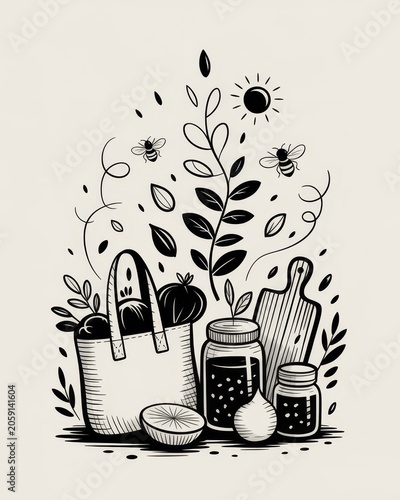 Whimsical flat zero waste poster with sprout lines rising upward and scattered whimsical tools for environmental campaign branding kit