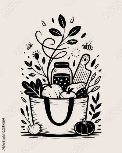 Hand drawn black tall poster with mason jars, bamboo cutting board, wooden clothespins and joyful ascending composition for eco shop instagram story