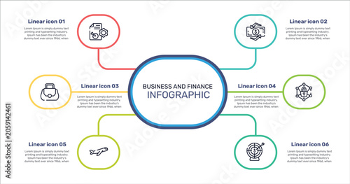 Fotografie business and finance outline icon set featuring seo report, dollar exchange, private network, inclined airplane icons