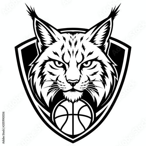 An artistic illustration of a fierce bobcat with a basketball in its emblem, representing strength and agility
