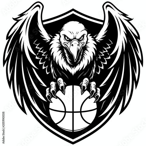 An eagle crest gripping a basketball, showcasing power and determination. The eagle has outstretched wings and fierce eyes, designed as a logo for a sports team.