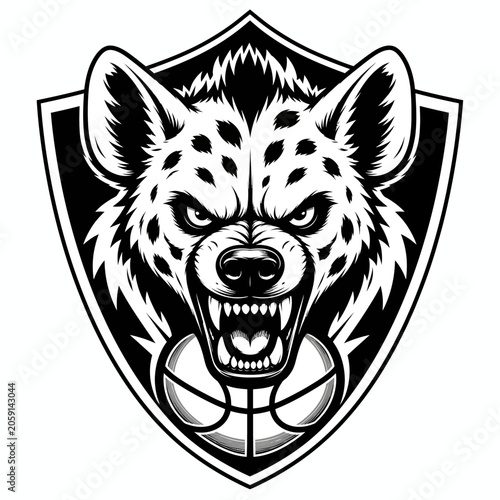 Fierce hyena mascot logo for a sports team, featuring a snarling hyena head with bared teeth, set within a shield and biting a basketball