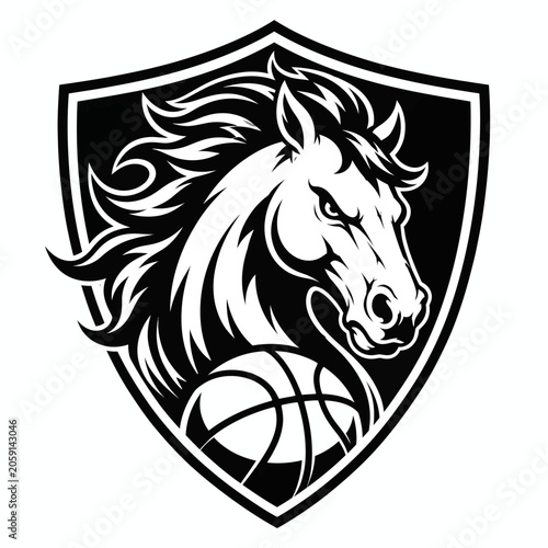 Horse and basketball logo in black and white