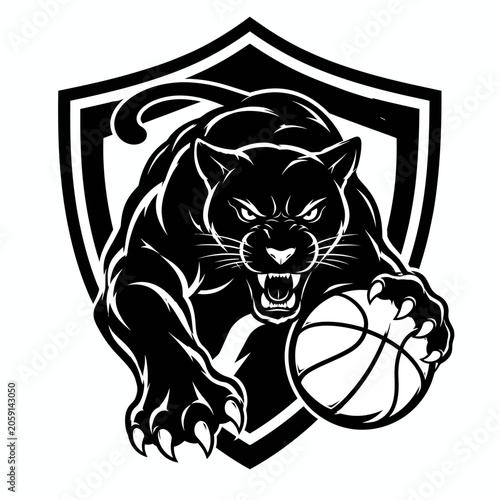 Black panther mascot ready to play basketball, aggressive and powerful, on a shield