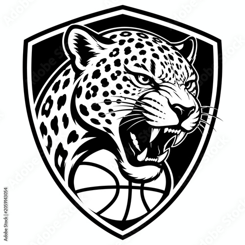 A ferocious leopard mascot head emerging from a shield, with a basketball below its snout. The leopard bares its teeth and glares intensely.