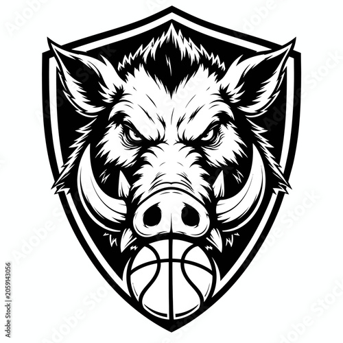 A fierce wild boar mascot with a basketball in its mouth, inside a shield emblem