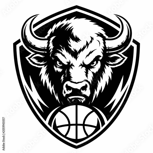 A fierce bull's head wearing a shield with lightning bolts, placed above a basketball