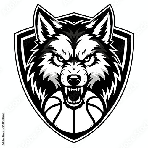 Fierce wolf head mascot for a basketball team, designed in a shield shape with sharp teeth bared and intense eyes