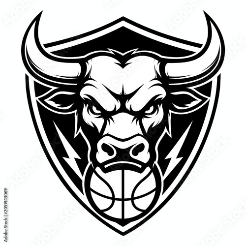 A fierce bull's head emblem, gripping a basketball in its mouth, framed by lightning bolts and a shield. This emblem exudes power and determination.