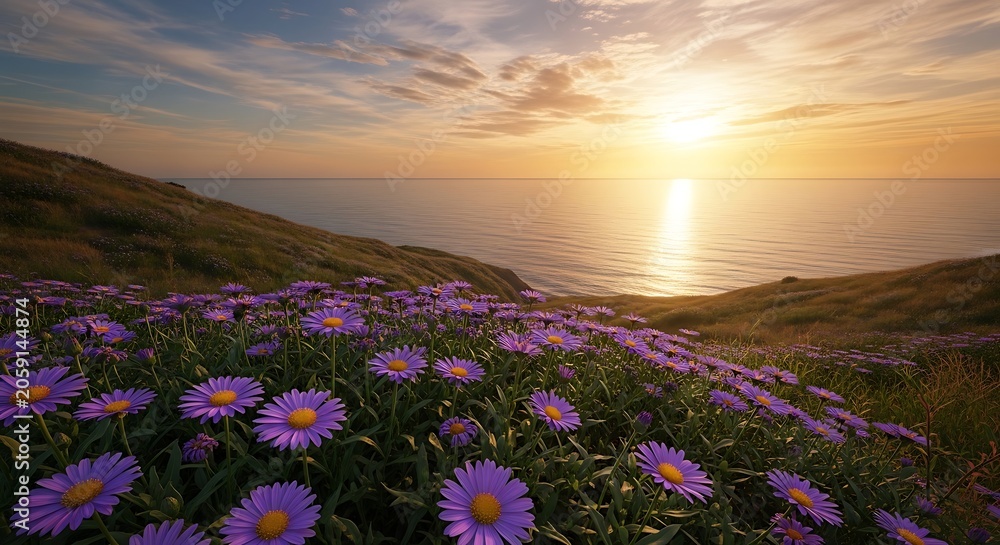 Obraz premium Purple aster flowers field coastal sunset landscape photography