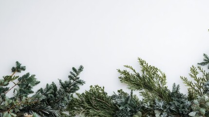 Fresh greenery arranged on a white surface for decoration in winter season