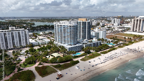 Photography Aerial view of Miami Beach oceanfront hotels and sandy beach