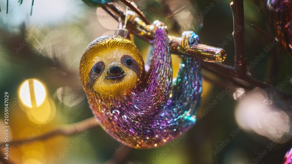 Obraz premium Colorful glass sloth ornament hanging from a Christmas tree branch
